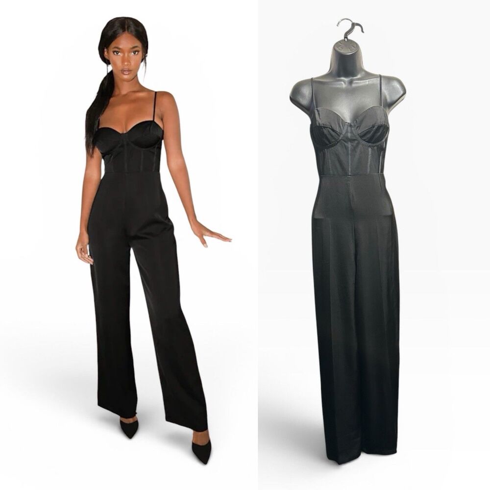 Lulus Satin Bustier Jumpsuit Women's Small Black Wide Leg Flirty Catsuit
